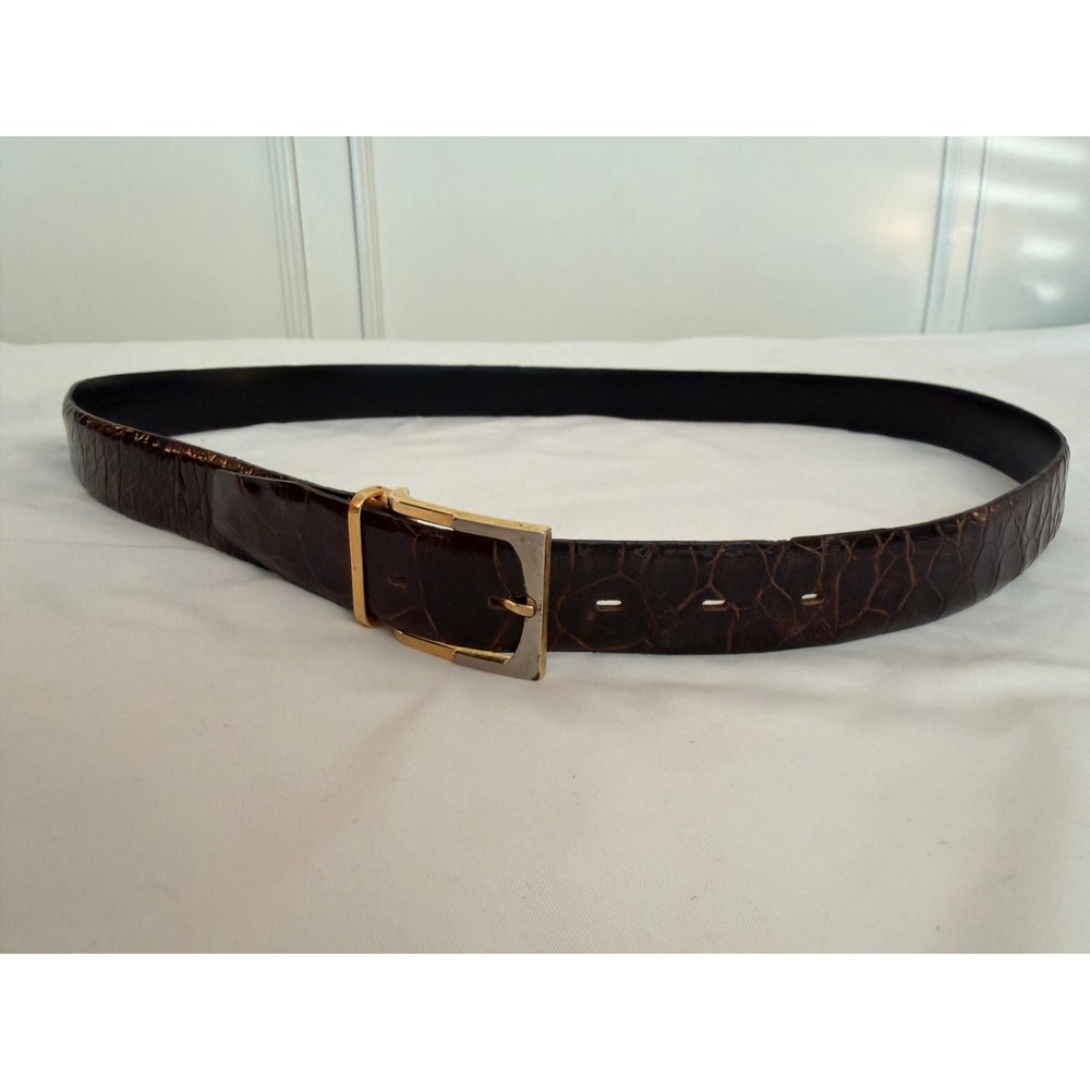 Vintage Brown Crocodile Embossed Leather Belt Two Tone Buckle Mens 38 - Picture 6 of 7